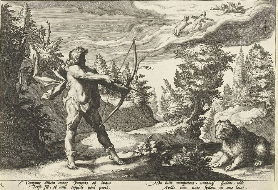 Arcas richt een pijl op Callisto - Hendrick Goltzius, 1590