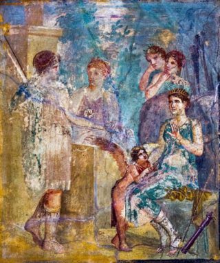 Artemis (zittend rechts) en Callisto (links) op een antiek fresco uit Pompeii