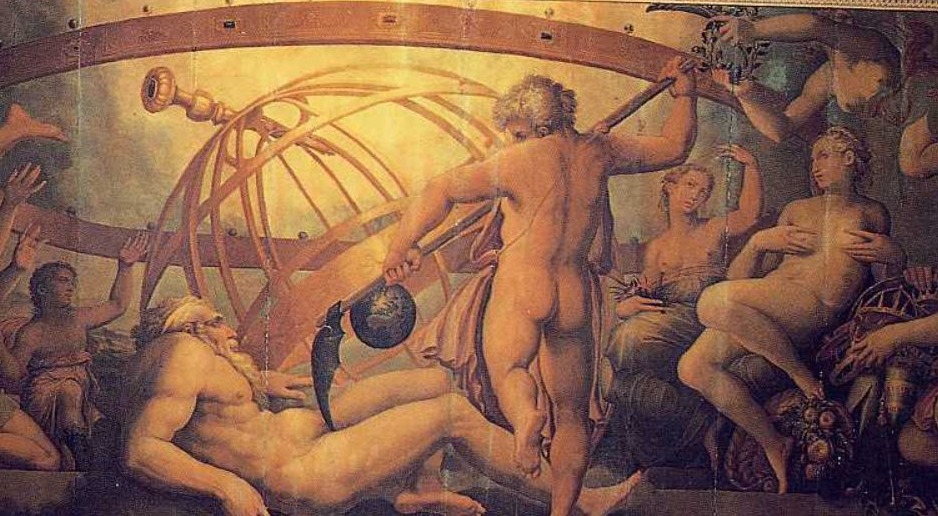 De castratie van Ouranos -  Fresco van Giorgio Vasari en Cristofano Gherardi, ca. 1560