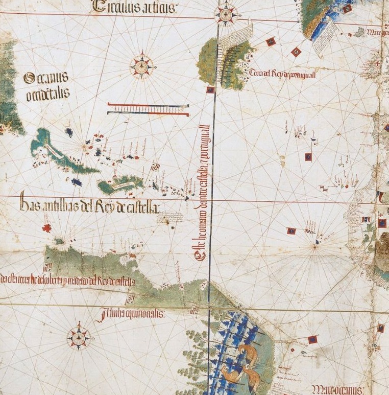 Detail van de Cantino-planisfeer uit 1502, een van de eerste waarop de Braziliaanse kust staat afgebeeld.