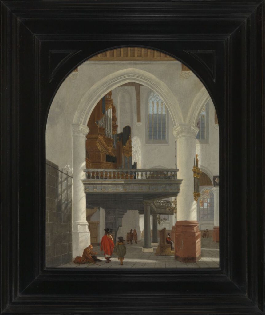 Interieur van de Oude Kerk met zicht op het orgel en orgelbalkon - Gerard Houckgeest