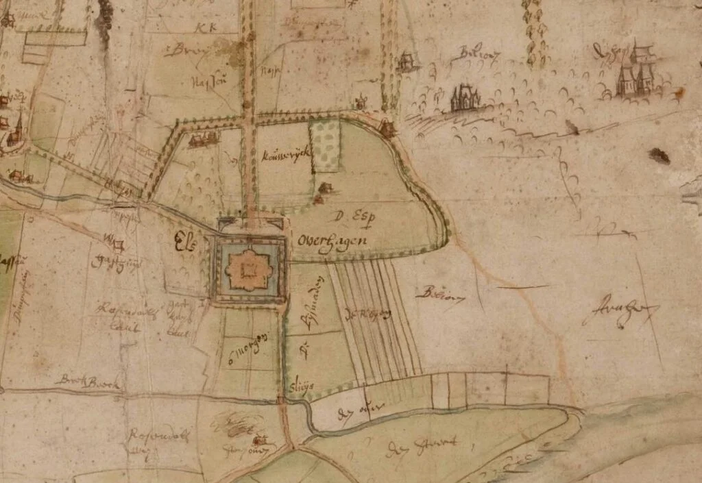 Landgoed Overhagen op een kaart van Nicolaes van Geelkercken uit circa 1651-1653. Kasteel Overhagen is op dit moment dus al lang verwoest (Gelders Archief)