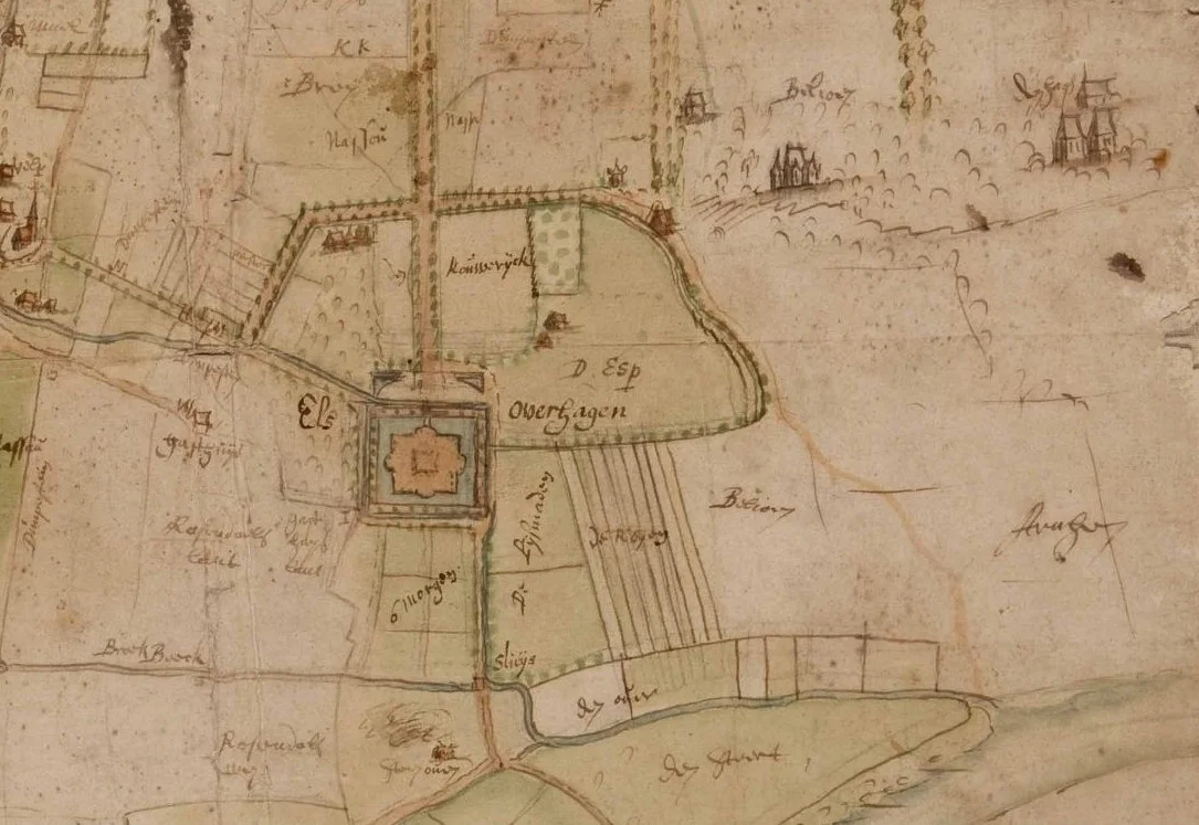 Landgoed Overhagen op een kaart van Nicolaes van Geelkercken uit circa 1651-1653. Kasteel Overhagen is op dit moment dus al lang verwoest (Gelders Archief)