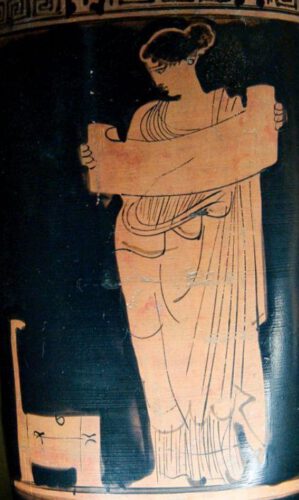 Muze, mogelijk Clio, op een oliekruik uit circa 430 v.Chr.