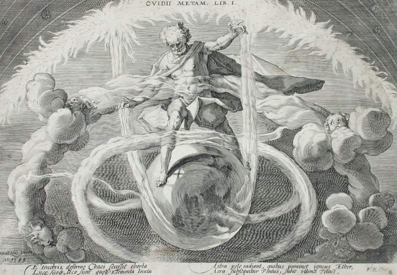 Oergoden - Afbeelding over het ontstaan van de vier elementen, gepubliceerd in een uitgave van Ovidius' Metamorphosen uit 1589