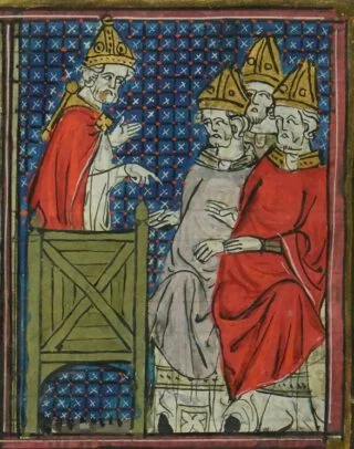 Urbanus II op de Synode van Clermont. Illustratie uit het 14e-eeuwse boek 'Roman de Godefroi de Bouillon et de Saladin'