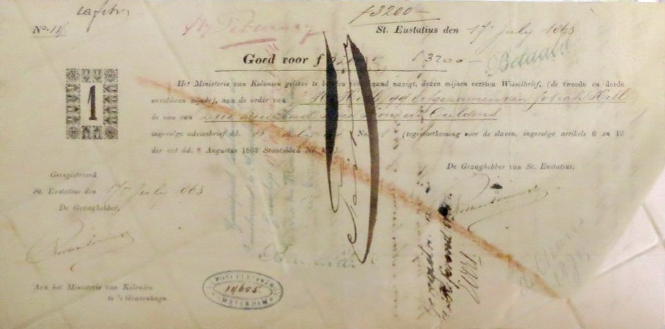Een cheque voor 3200 gulden compensatie bij de afschaffing van de slavernij op Sint Eustatius in 1863