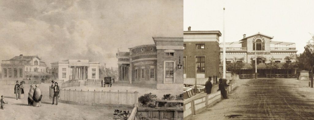 Links: de Haarlemmerpoort met daarnaast het Stationskoffiehuis tegenover Het Willemspoortstation. Rechts: zicht op het Stationskoffiehuis Belvédère vanaf de Haarlemmerweg. 