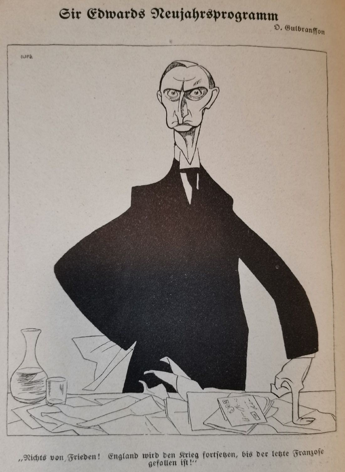 Karikatuur van de Duits vijandige Sir Edward Grey, Brits minister van Buitenlandse Zaken