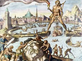 Zestiende-eeuwse verbeelding van de Kolossus van Rodos door Maarten van Heemskerck