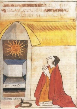 Pachacuti Inca Yupanqi aanbidt de zonnegod Inti in de de Coricancha (‘zonnetempel’) in Cuzco