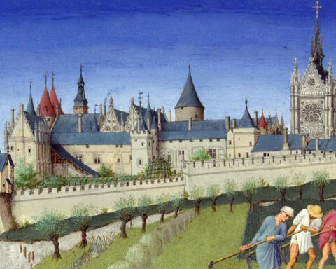 Palais de la Cite van Parijs in het 'Très Riches Heures du Duc de Berry'