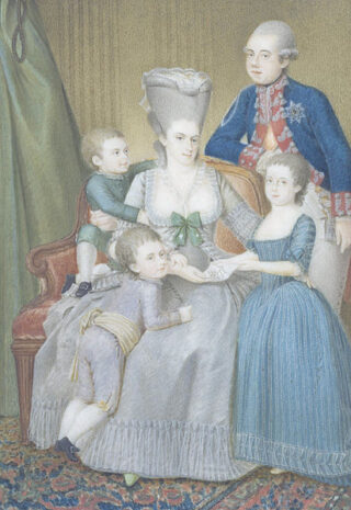 Wilhelmina van Pruisen en Willem V met hun kinderen Frederica Louisa Wilhelmina, Willem Frederik en Willem George Frederik - Pieter le Sage, 1779