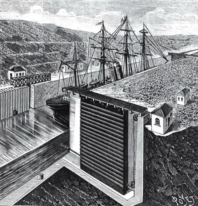 Tekening van Louis Poyet van een van de sluizen die Gustave Eiffel ontwierp voor het Panamakanaal