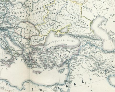 Fragment uit een kaart van Europa in de tijd van Karel de Grote met bovenaan in het midden het Chazarenrijk, uit Karl von Spruner’s “Historisch-Geographischer Schul-Atlas”, 1874