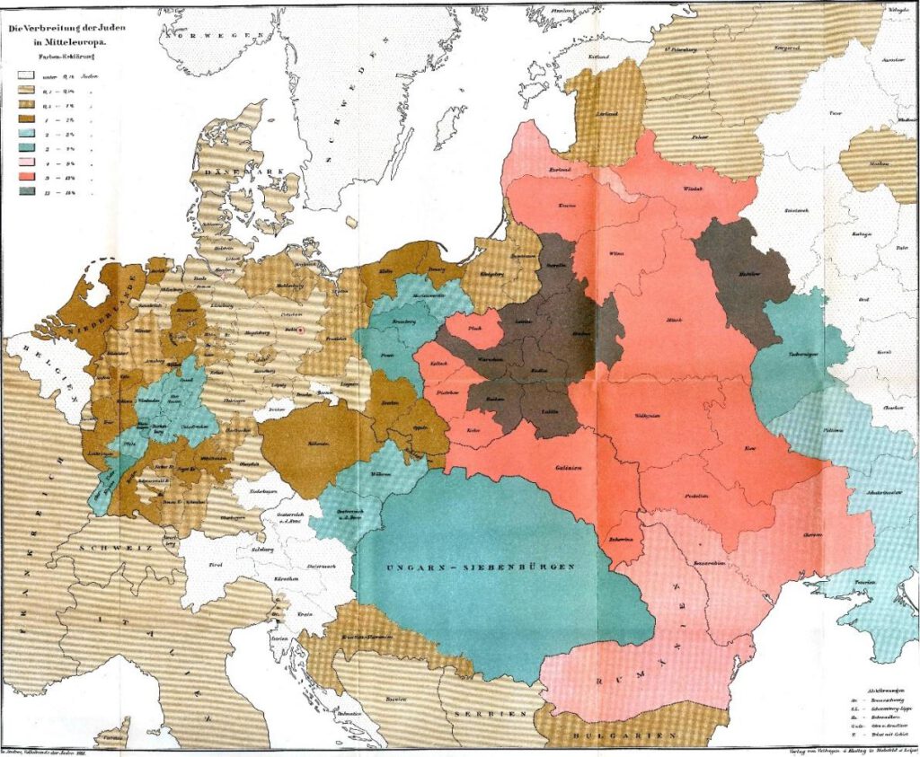 Afstammelingen  van de Chazaren? Kaart van de joodse bevolking in Centraal- en Oost-Europa, uit Richard Andrée’s “Zu Volkskunde der Juden”, 1881