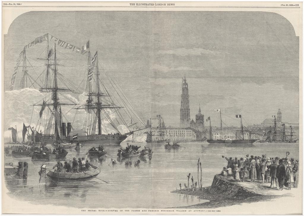 Bericht over de aankomst van de prins en prinses Frederick William van Engeland in Antwerpen tijdens hun huwelijksreis, 1858