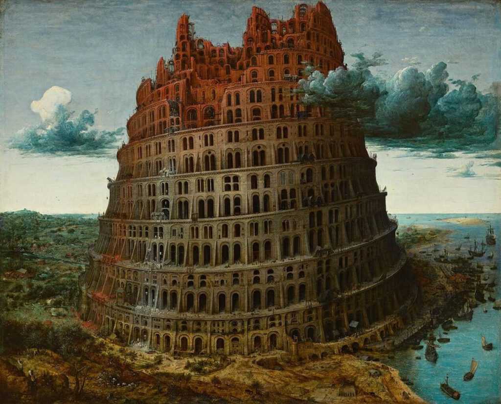 Bruegels Toren van Babel (althans de eerste versie in het Museum Boymans Van Beuningen, ca. 1565) werd wellicht in een Antwerpse context geschilderd