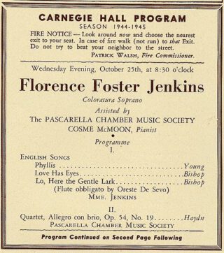 Programma bij het optreden van Florence Foster Jenkins in Carnegie Hall, 1944
