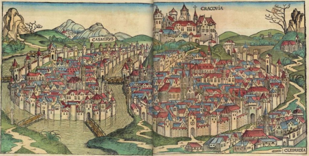 Houtsnede Kazimierz en Krakau (Hartmann Schedel – Weltchronik, 1493) Wikimedia commons