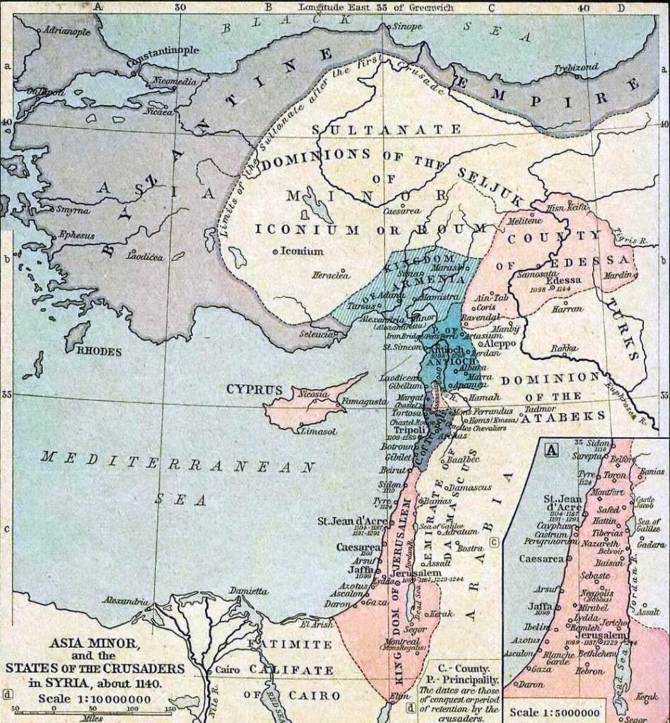 Kaart van de kruisvaardervorstendommen in Syrië en het Heilige Land rond 1140, uit Alexander G. Findlay, “Classical atlas of ancient geography”, 1849.