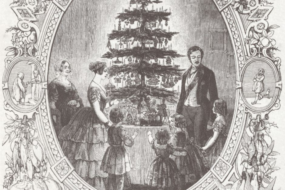 Koningin Victoria, prins Albert en hun kinderen rondom de kerstboom (The Illustrated London News, 1848).
