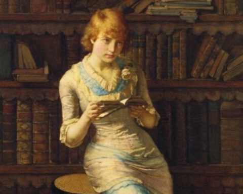 Lezende vrouw op het schilderij 'Thoughts' - John Henry Henshall, 1883