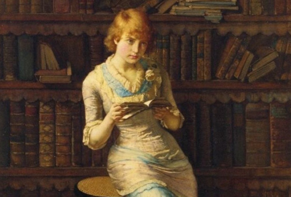 Lezende vrouw op het schilderij 'Thoughts' - John Henry Henshall, 1883
