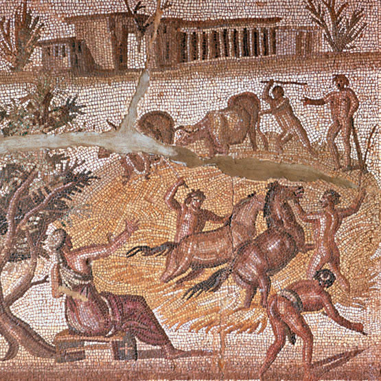 Romeins mozaïek waarop slaven staan afgebeeld die op het land werken 