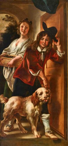 Jacob Jordaens, Trompe l’oeil. deurstuk een dienstmeisje, een jongen die zijn hoed afneemt en een hond 640-1645. © The Phoebus Foundation, Antwerpen
