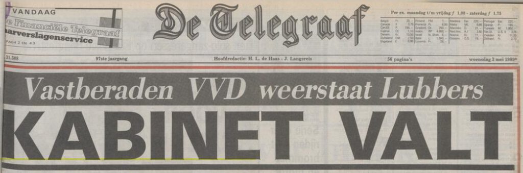 Krantenkop in De Telegraaf over de vol van het tweede kabinet Lubbers - 3 mei 1989