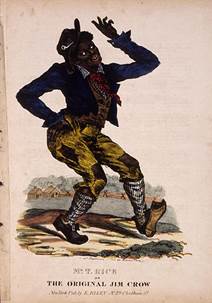 Thomas Dartmouth Rice, de vader van het minstrelisme, in zijn ‘blackface’ rol, een zeer invloedrijke voorstelling op latere afbeeldingen van Jim Crow en minstrelisme. Voorblad van een vroege editie van ‘Jump Jim Crow’ bladmuziek (ca 1832)