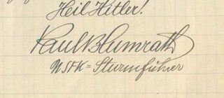 Ondertekening brieven Paul Blumrath. Uit: Landesarchiv NRW Abteilung Rheinland RW 0014 / NSDAP-Gaugericht Essen RW 0014, Nr. 330.