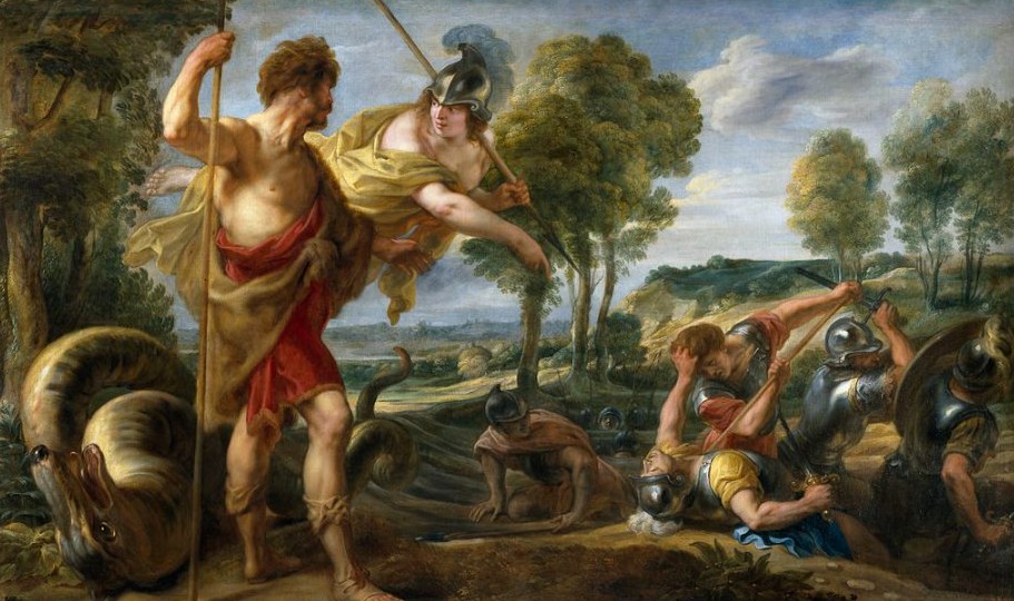 Cadmus en Pallas Athena. Rechts de strijders die uit de grond verrijzen en elkaar vervolgens bevechten - Jacob Jordaens, ca. 1636-1638