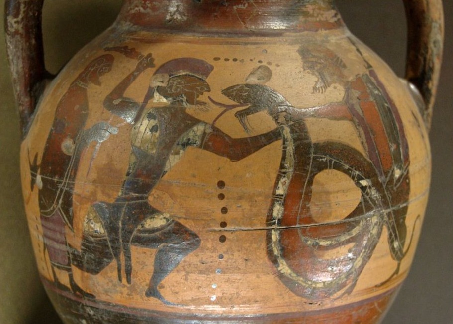 Afbeelding van Cadmus en de draak op een Griekse amfora, ca. 550-550 v.Chr.