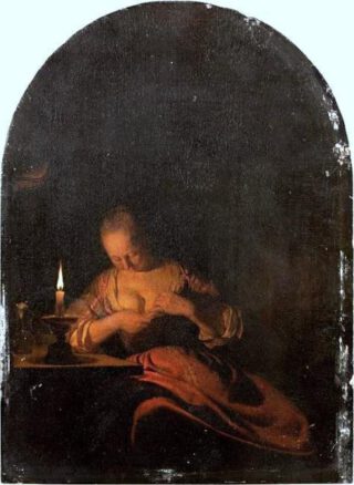 Frans van Mieris Jonge vrouw, vlooien vangend bij kaarslicht ca 1660 (1660-1679) part. coll