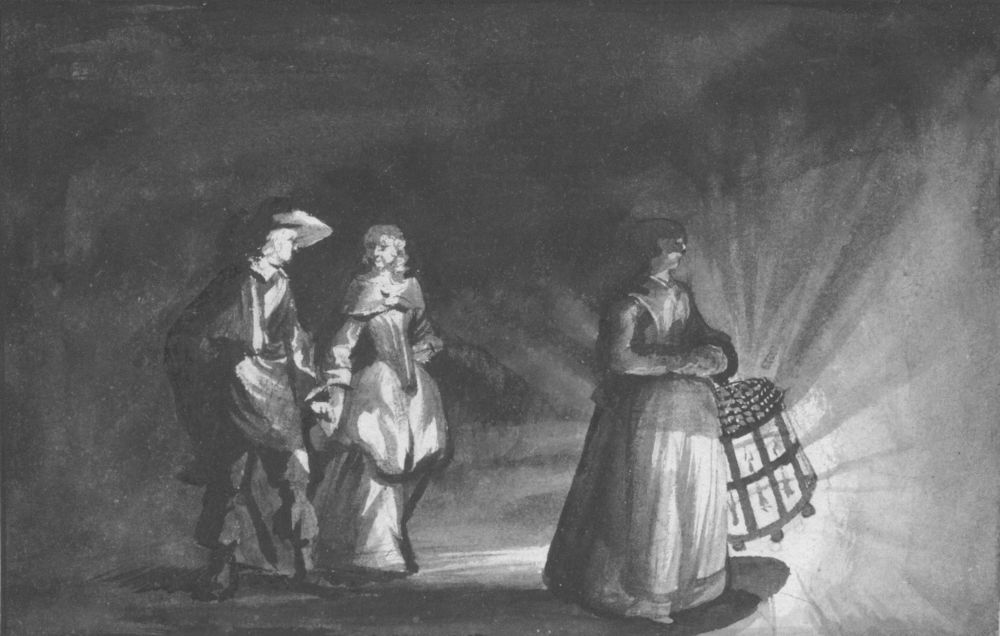 Gesina ter Borch, Liefdespaar met meid bij kaarslicht, ca. 1655. Penseel in grijs en zwart, 12 x 18 cm. Fondation Custodia, collectie Frits Lugt, Parijs