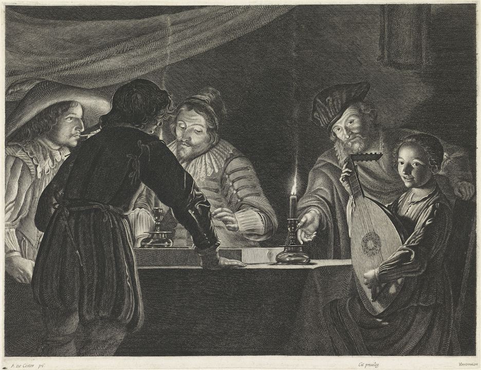 Lucas Vorsterman, Triktrakspelers bij kaarslicht, 1619-1628 , gravure naar Adam Costers uit het Rijksmuseum