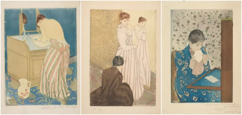 Van links naar rechts: Mary Cassatt, Badende vrouw, 1890-1891 | Mary Cassatt, Het doorpassen, 1890-1891 |  Mary Cassatt, De brief, 1890-1891