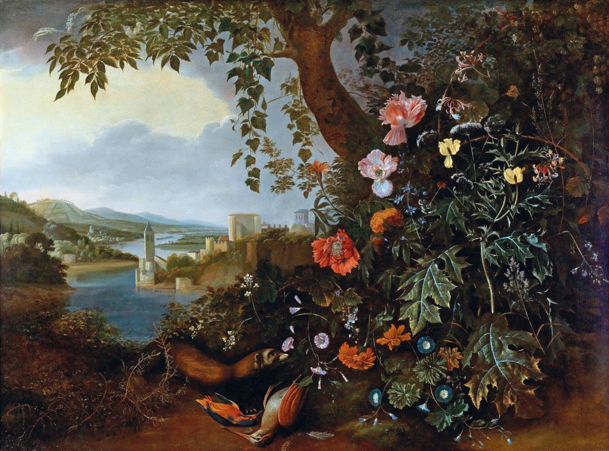 Mathias Withoos - Sottobosco met landschap en jachtstilleven, voor 1672