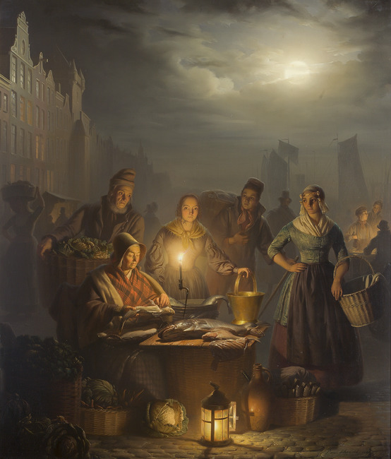 Petrus van Schendel, Vismarkt bij avond, 1841
