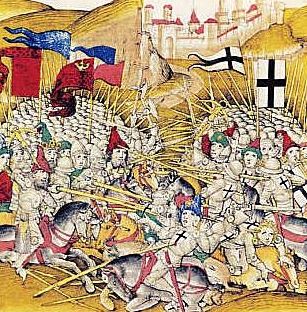 Slag bij Tannenberg. Voorstelling in de Kronieken van Bern door Diebold Schilling uit 1483