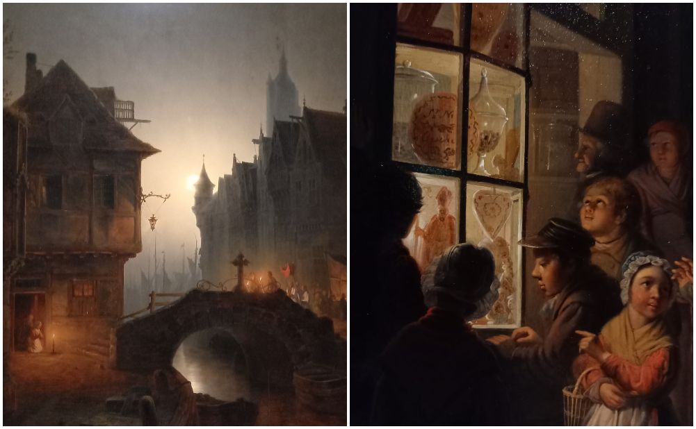 Links: Jean Jacob Verreyt, Stadsgezicht bij nacht met processie, 1841 Part. Collectie Foto Marina Marijnen | Rechts: Jan Hendrik van Grootvelt Sinterklaas snoepgoed voor het raam 1841