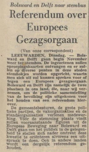 Bericht over het Europees referendum in Bolsward en Delft in Het Parool van 30-september 1952