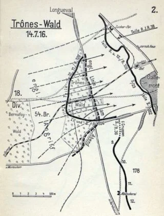 Duitse militaire kaart van Trônes Wood, 14 juli 1916
