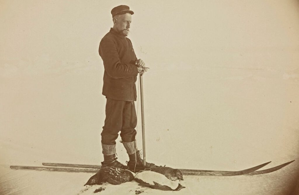Roald Amundsen tijdens de expeditie naar Antarctica van Adrien De Gerlache. Aan zijn voeten enkel dode pinguïns. De foto is gemaakt door Frederick Cook.