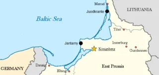 De ligging van Juodkrante (Schwarzort) en Jantarny (Palmnicken) in het voormalige Oost-Pruisen. 