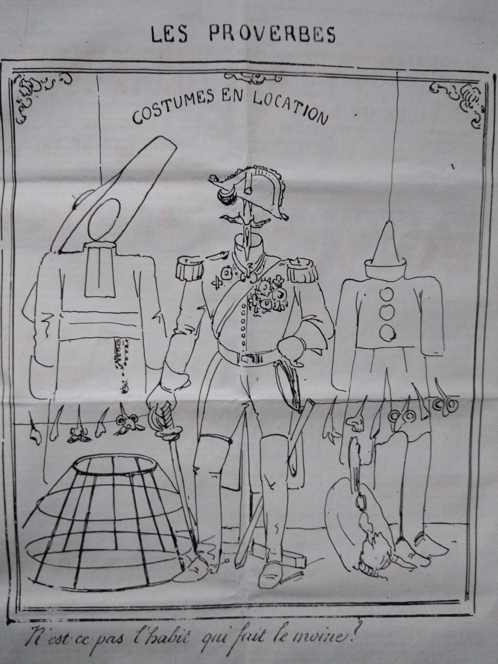  ‘Kostuums te huur – Is het niet het habijt dat de monnik maakt?’ – Belgische spotkrant Le Grelot 1858 (privécollectie)