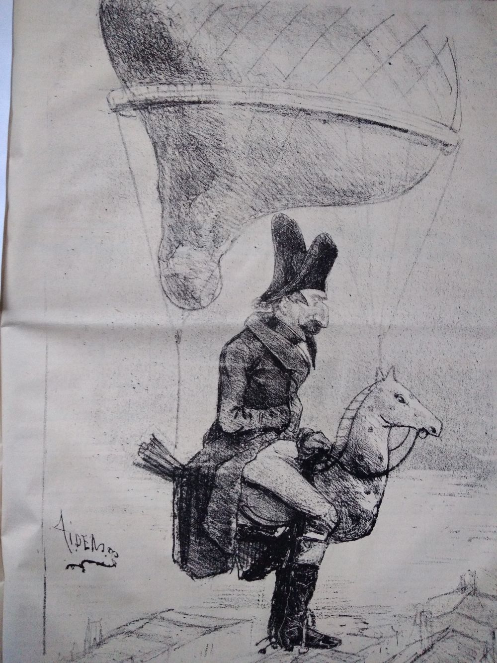 Spotprent Napoleon in een luchtballon op ‘verkenning’ in zijn nieuwe Parijs – titel van de prent ‘De opening van de Boulevard Prince Eugène (Eugène de Beauharnais was de stiefzoon van Napoleon I en een tijdje onderkoning in Italië) uit de Belgische spotkrant Le Grelot  1862 (privécollectie)