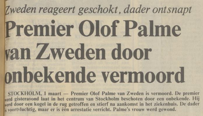 Bericht in NRC Handelsblad over de moord op Olof Palme - 1 maart 1986